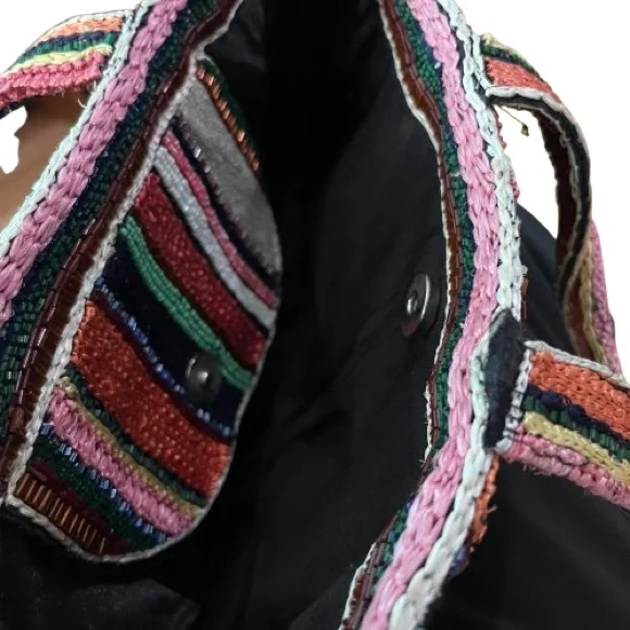 Vintage Multi-Colored Striped Raffia & Seed Beads Purse | Short Fabric Handles - Picture 4 of 7